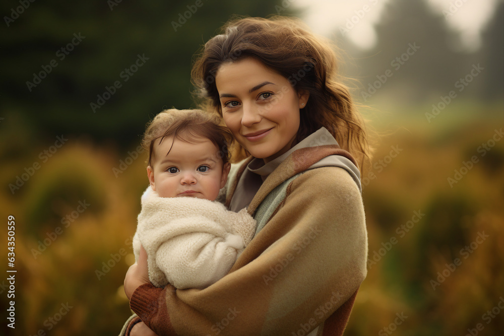 Generative ai collage of loving mother with her child enjoying walk outdoors Generative ai collage of loving mother with her child enjoying walk outdoors