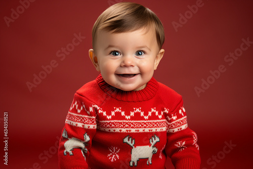 Cute little baby boy wearing ner year xmas pullover holly jolly atmosphere Generative IA picture photo