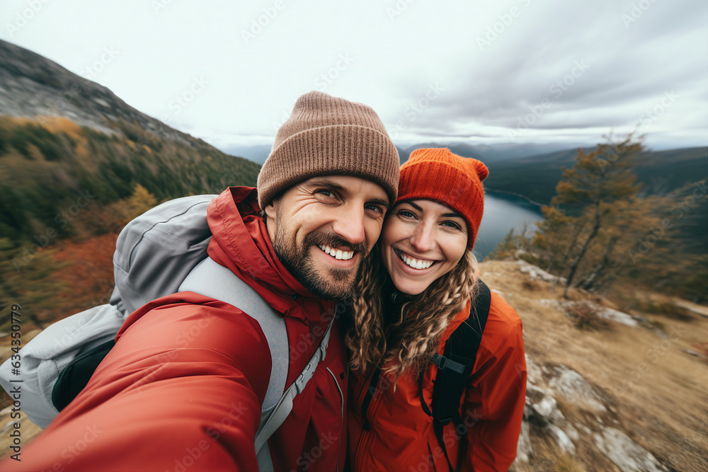 Generative AI self portrait of excited couple beat friends traveling together making selfies blogging exploring mountain lovely lake