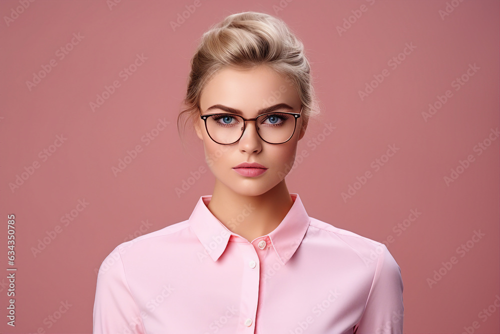 Generative AI illustration of amazing self confident agent woman with attractive stylish hairdo posing over colorful background