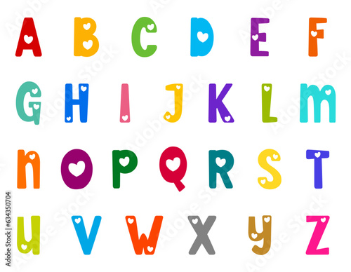 Cute colorful alphabet for kids  education. Hand drawn style alphabet collection. English alphabet with cute heart design vector illustrations. Isolated capital letters in different beautiful colors.