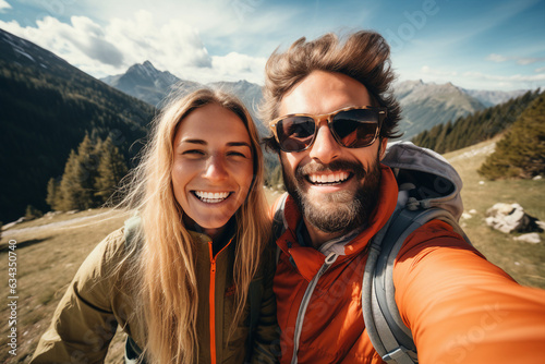 Generative AI photo collage of funny couple traveling together winter autumn spring mountains making selfies beautiful nature