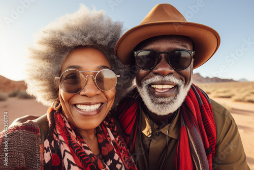 Generative AI illustration of aged couple traveling together making selfies desert landscape view nature feel young blogging © Tetiana