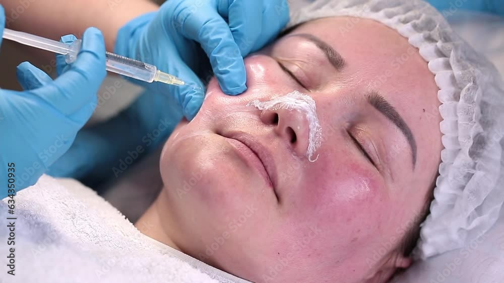 Lipolytic injections to remove subcutaneous fat. The cosmetologist makes injections in the face for weight loss to the patient. Non-surgical cosmetology, weight loss.