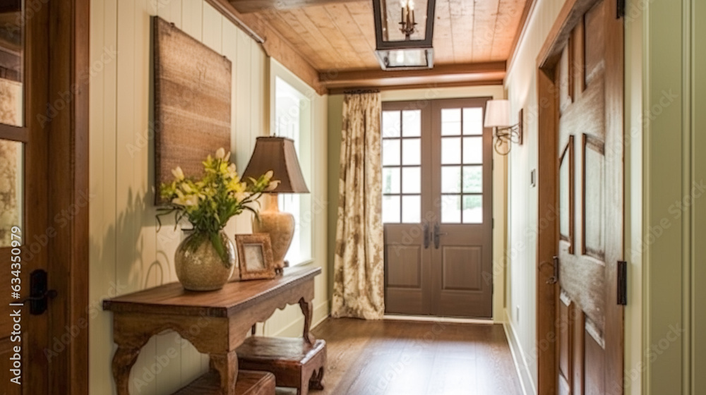 Fototapeta premium Farmhouse hallway decor, interior design, entryway furniture and entrance hall home decor in an English country house and cottage style