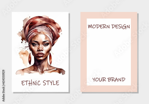 Set of exotic covers, vertical templates. Collection of backgrounds with geometric tribal pattern of African woman's watercolor face. Ethnic style, ornaments, decorations. Place for text