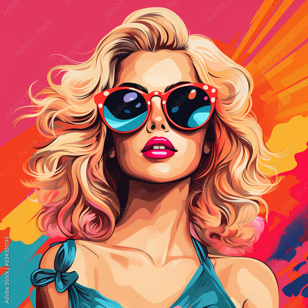 Pop art retro style rich pretty sexy blonde young woman wearing sunglasses on vibrant colorful background
