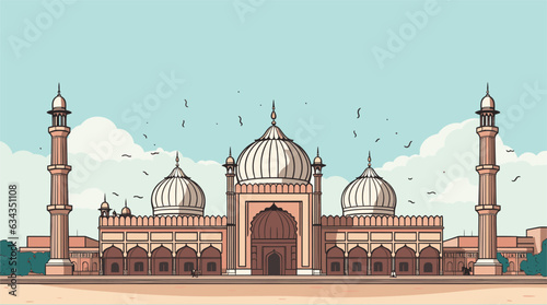A vibrant flat color depiction of Delhi's iconic Jama Masjid, showcasing its splendid Mughal architecture and cultural significance