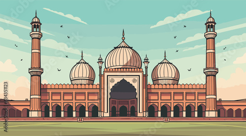 A vibrant flat color depiction of Delhi's iconic Jama Masjid, showcasing its splendid Mughal architecture and cultural significance