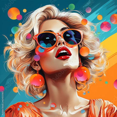 Pop art retro style rich pretty sexy blonde young woman wearing sunglasses on vibrant colorful background