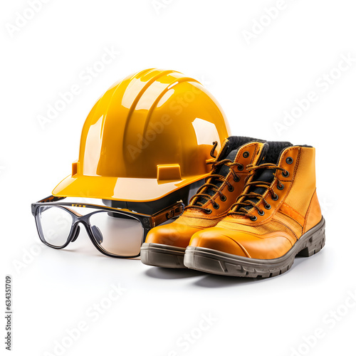 chaussures de sécurité, lunettes de protection et casque de chantier sur fond blanc