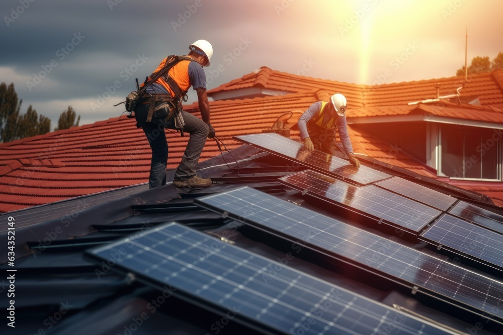 Workers installing solar panels on the roof Workers installing solar panels on the roof