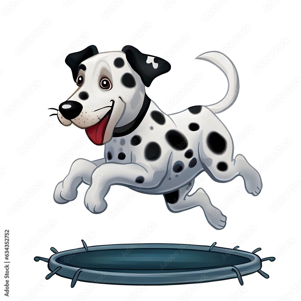Dalmatian dog jumping on a trampoline cartoon illustration art with white background generative AI.