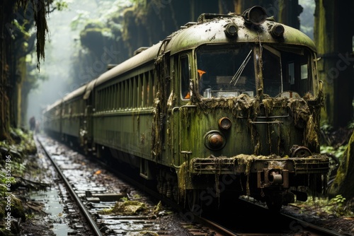 Lost Tracks of Time: Exploring the Haunting Splendor of a Disused, Moss-Cloaked Train on a Forgotten Railway Amidst the Enveloping Embrace of a Dense Forest photo