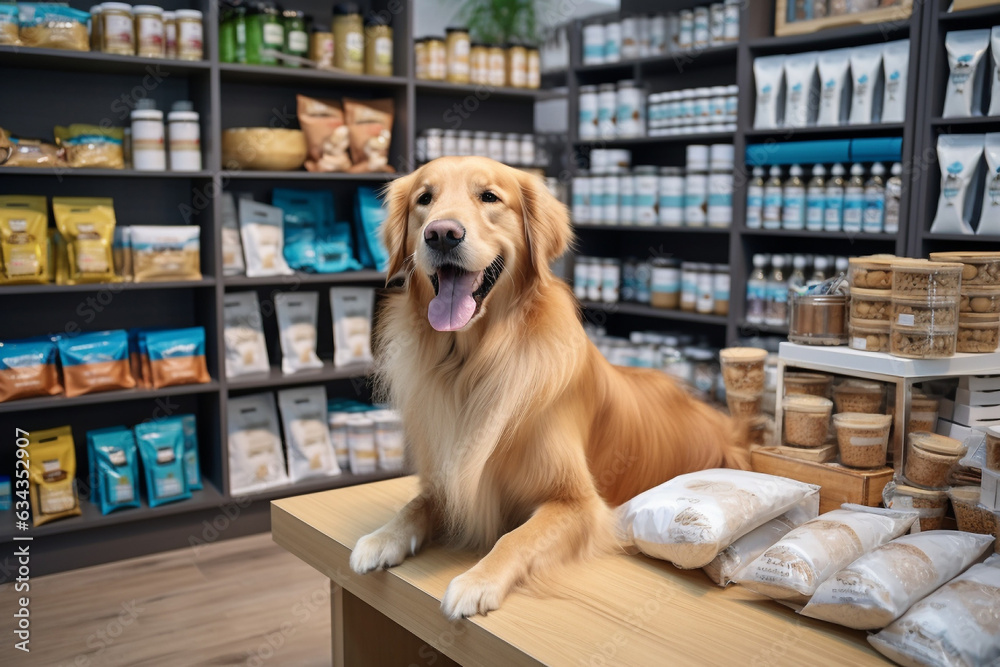 pet shop delivery, dog store, animal accessories, funny happy dog in a pet supermarket