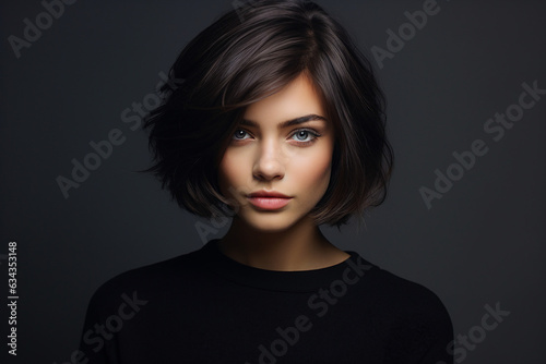 Generative AI illustration of charming attractive young model woman demonstrating hairdress dyed hair style