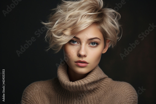 Generative AI illustration picture of charming blonde young model woman fashionable hairdress dyed hair style