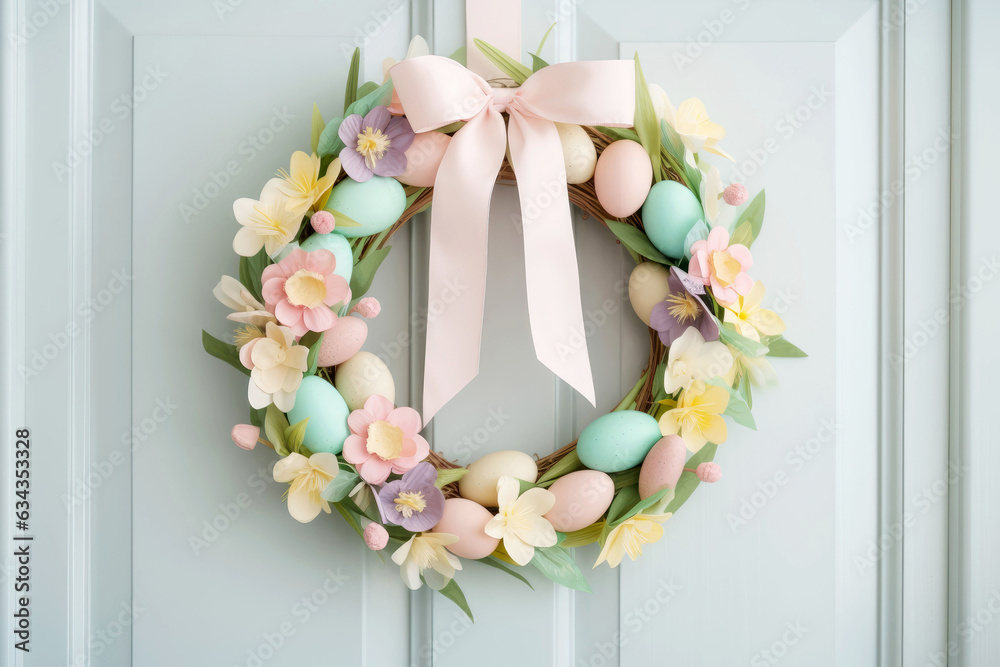Pastel Easter wreath with ribbons, flowers, eggs on door Stock Photo
