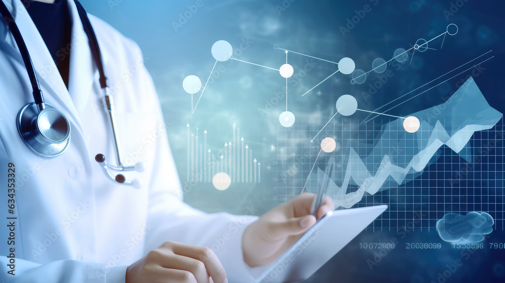 Medical professional with virtual graphs for healthcare insurance concept Medical professional with virtual graphs for healthcare insurance concept