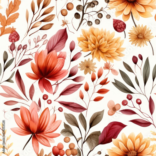 Fototapeta Naklejka Na Ścianę i Meble -  Watercolor seamless pattern with fall flowers and leaves, pressed flower autumn watercolor illustration with a light beige background, unique floral graphic design