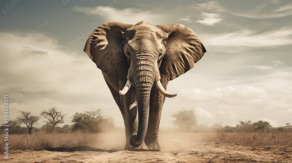 Obraz premium African elephant bull with long ivory tusks walking down dry savannah landscape during hot summer day, large and intimidating wildlife, Kalahari safari region - generative AI