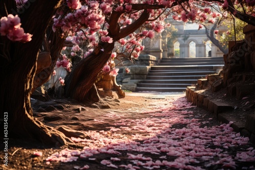 Blossom s Embrace  Unveiling the Serenity of a Secluded Pathway Painted in the Gentle Hues of Pink Cherry Blossom Petals