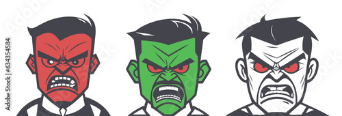 Vector set of evil terrible angry men portraits. Scary emotional human heads. Icons or stickers. White isolated background.