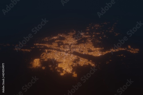 Aerial shot on Khartoum and Omdurman (Sudan) at night, view from west. Imitation of satellite view on modern city with street lights and glow effect. 3d render photo