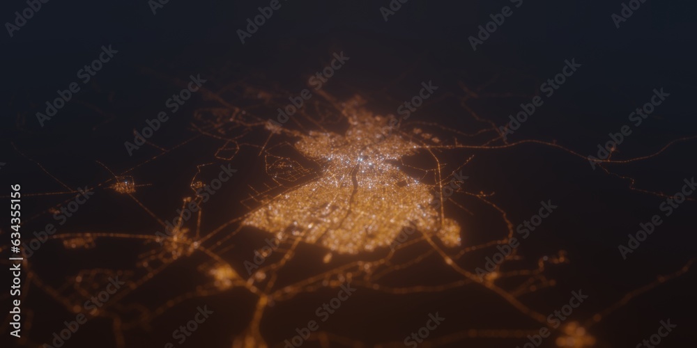 Street lights map of Kirkuk (Iraq) with tilt-shift effect, view from south. Imitation of macro shot with blurred background. 3d render, selective focus
