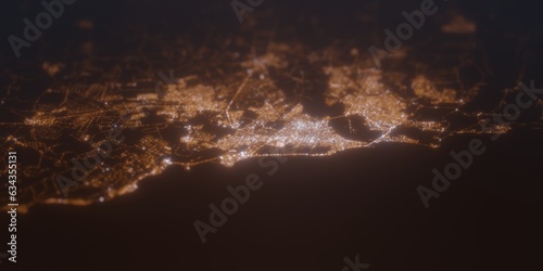 Street lights map of Natal (Brazil) with tilt-shift effect, view from east. Imitation of macro shot with blurred background. 3d render, selective focus