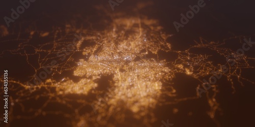 Street lights map of Kabul (Afghanistan) with tilt-shift effect, view from west. Imitation of macro shot with blurred background. 3d render, selective focus