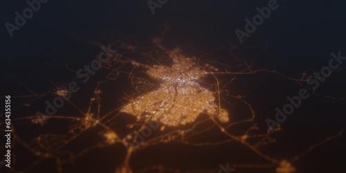 Street lights map of Kirkuk (Iraq) with tilt-shift effect, view from south. Imitation of macro shot with blurred background. 3d render, selective focus