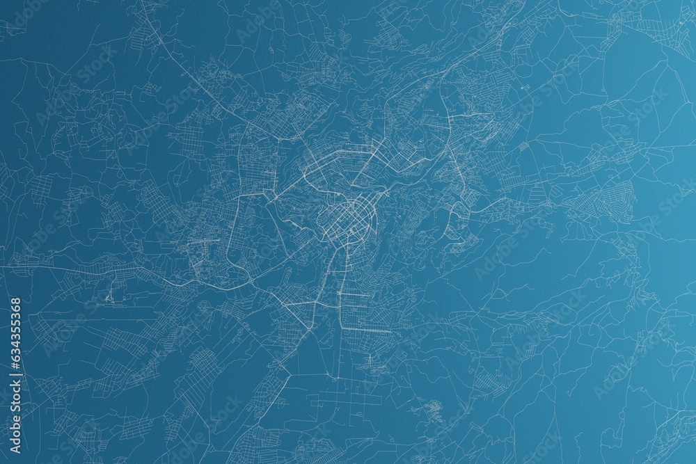 Map of the streets of Yerevan (Armenia) made with white lines on blue paper. Rough background. 3d render, illustration