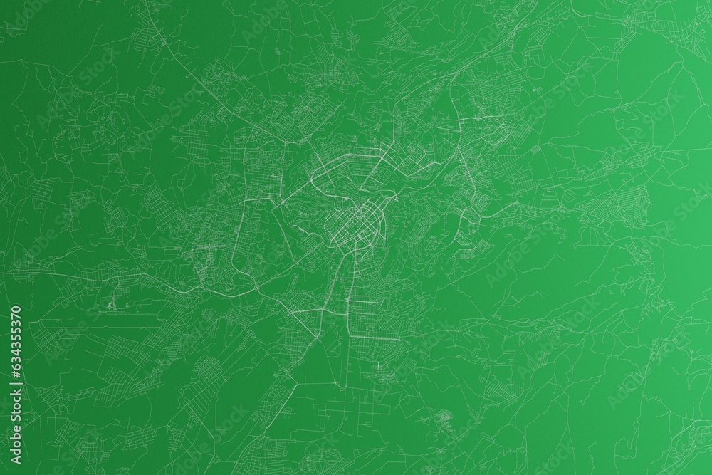 Map of the streets of Yerevan (Armenia) made with white lines on green paper. Rough background. 3d render, illustration