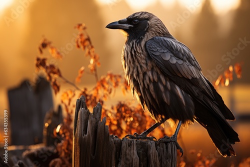 Field of Whispers: Venturing into the Silent Realm of a Solitary Raven, Which has Chosen the Summit of an Antique Wooden Fence to Survey the Expanse