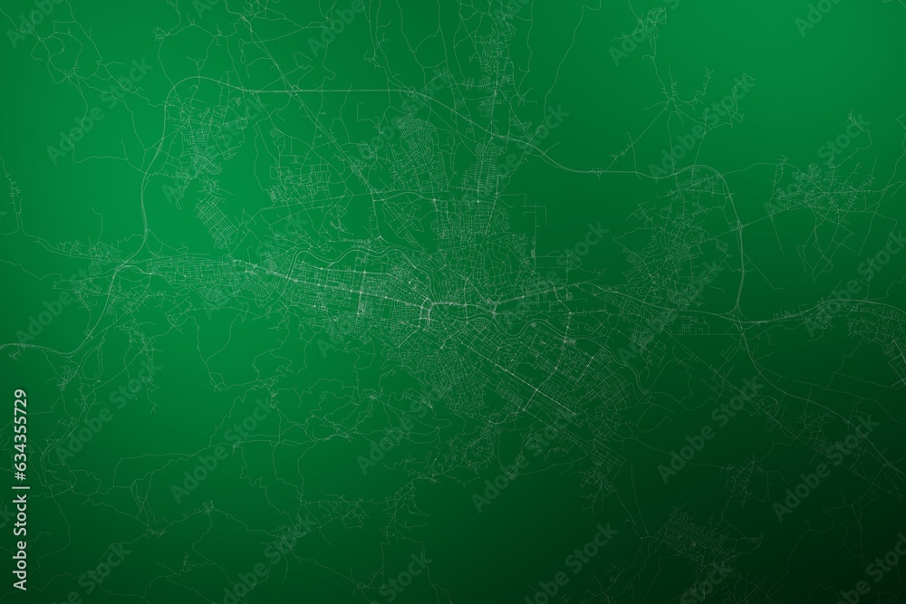 Map of the streets of Skopje (North Macedonia) made with white lines on abstract green background lit by two lights. Top view. 3d render, illustration