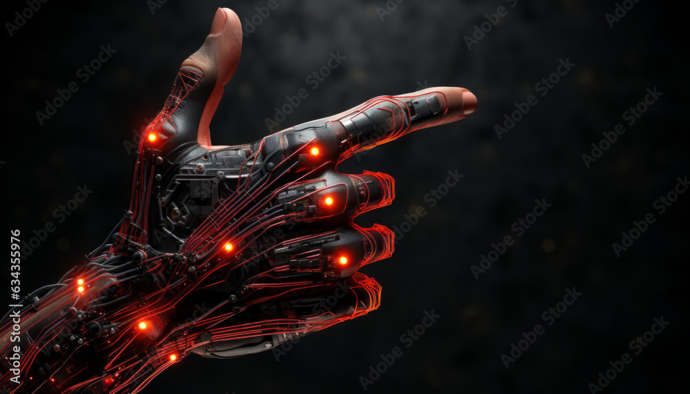 Thumbs up thumbs up of android man's chipped hand, microchip chip in ...