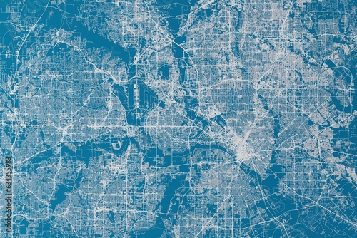 Map of the streets of Dallas and Fort Worth (Texas, USA) made with white lines on blue background. 3d render, illustration photo