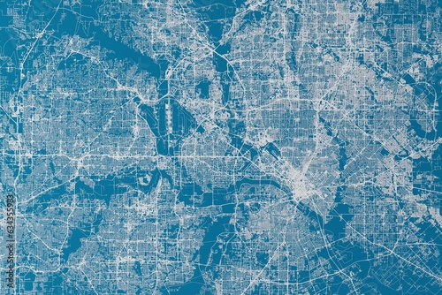 Map of the streets of Dallas and Fort Worth (Texas, USA) made with white lines on blue background. 3d render, illustration
