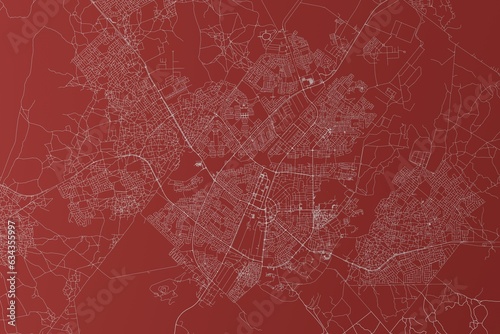 Map of the streets of Gaborone (Botswana) made with white lines on red background. Top view. 3d render, illustration
