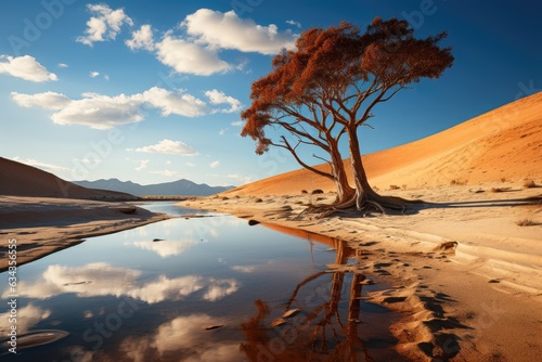 Desert's Embrace: Venturing into the Arid Charm of a Solitary Palm Tree and a Pristine Small Pond Nestled amid the Endless Waves of Vast Sand Dunes © furyon