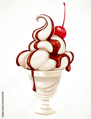 Soft vanilia ice cream with cherry and chocolate topping in a bowl isolated on a white background photo