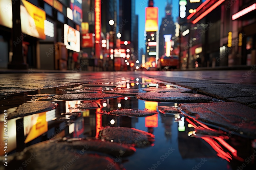 Puddle's Luminescence: Immersing in the Enchanted Glint of Neon Lights Reflected in a Solitary Pool on a City Street