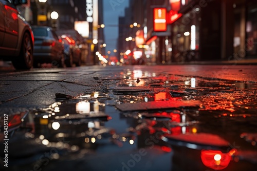 Urban Tranquility: Finding Serenity in the Reflection of Neon Lights in a Solitary Puddle on a Peaceful City Street