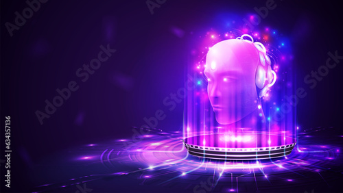 Artificial Intelligence computer database concept. Robot head of artificial intelligence hanging over digital hologram podium. Supercomputer in form of futuristic cyborg head.