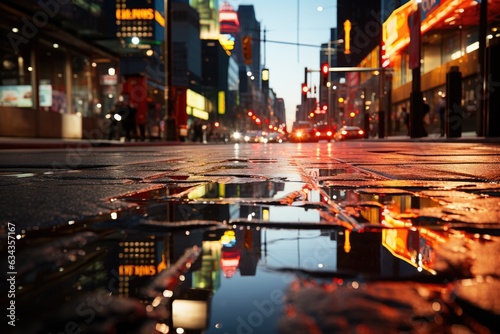 Puddle's Neon Glow: Venturing into the Neon-Bathed Scene of a Solitary Pool, as the Lights of the City are Mirrored on the Rain-Kissed Street © furyon