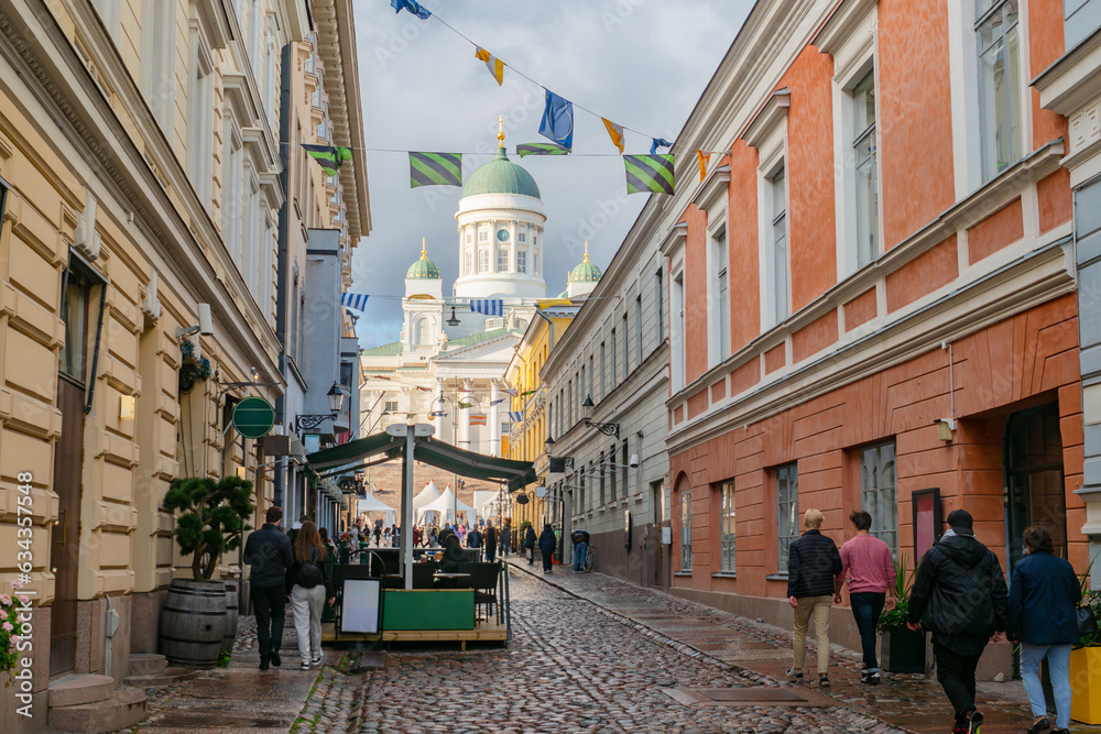 Streets of Helsinki. Finland architecture. Cathedral of St. Nicholas. Cityscape Helsinki. Tour to Finland. Street leads to Senate square. Excursion to cathedral St. Nicholas. Helsingin tuomiokirkko