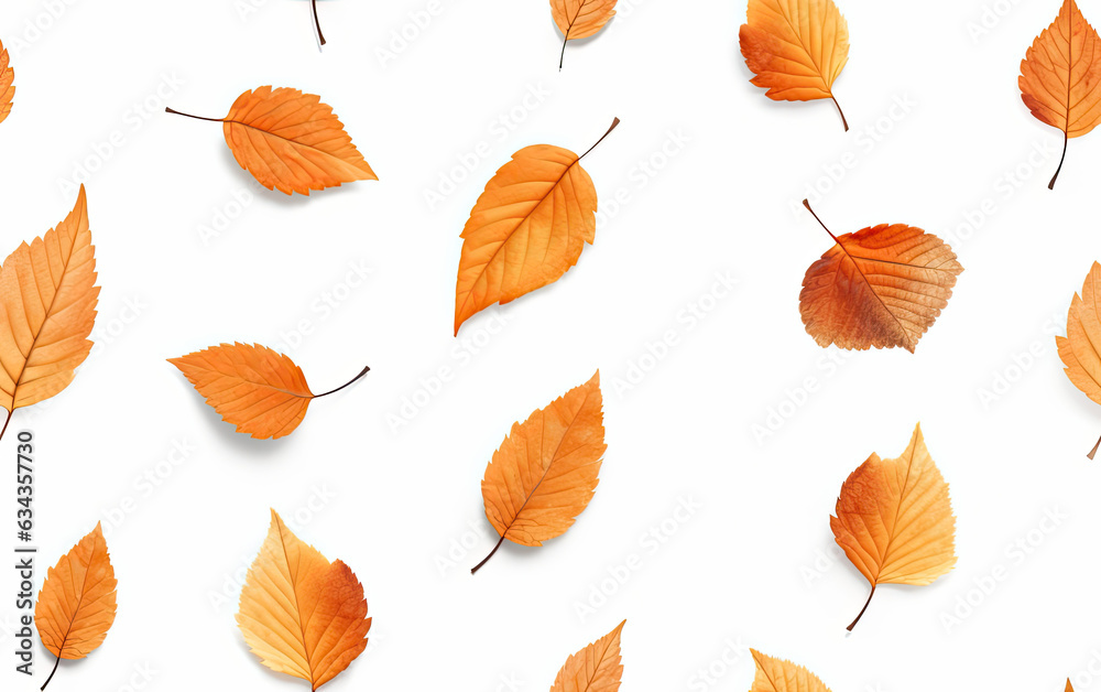 Obraz premium Leaves in warm fall colors like orange, yellow, brown and red. Isolated on a white background. Concept of fall season. Repeatable pattern.