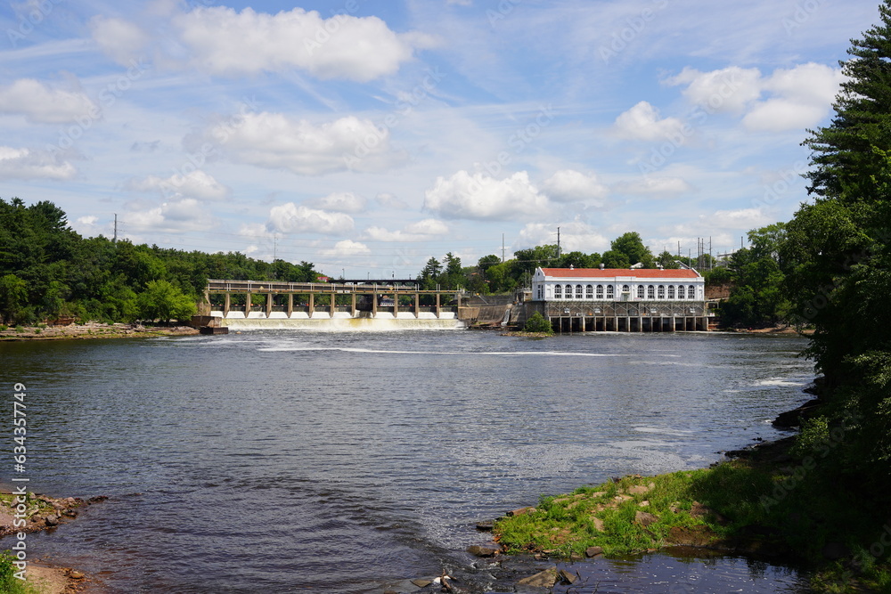 Hydroelectric power station dam sits on the Wisconsin River serving electricity to the community.