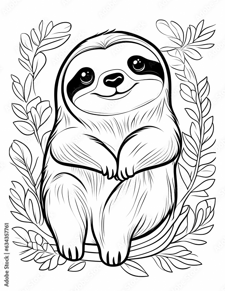 Cute sloth relaxing on a branch coloring page for kids, Animal mammal ...